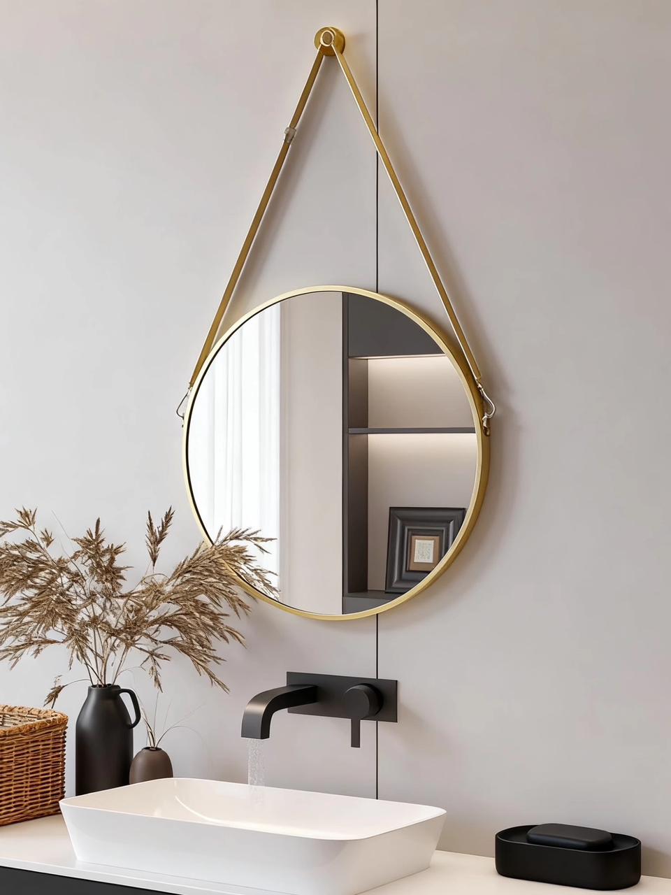 Circle leather strap round mirror