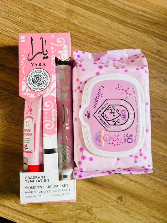 wipe,hand lotion and pocket perfume x10 sets