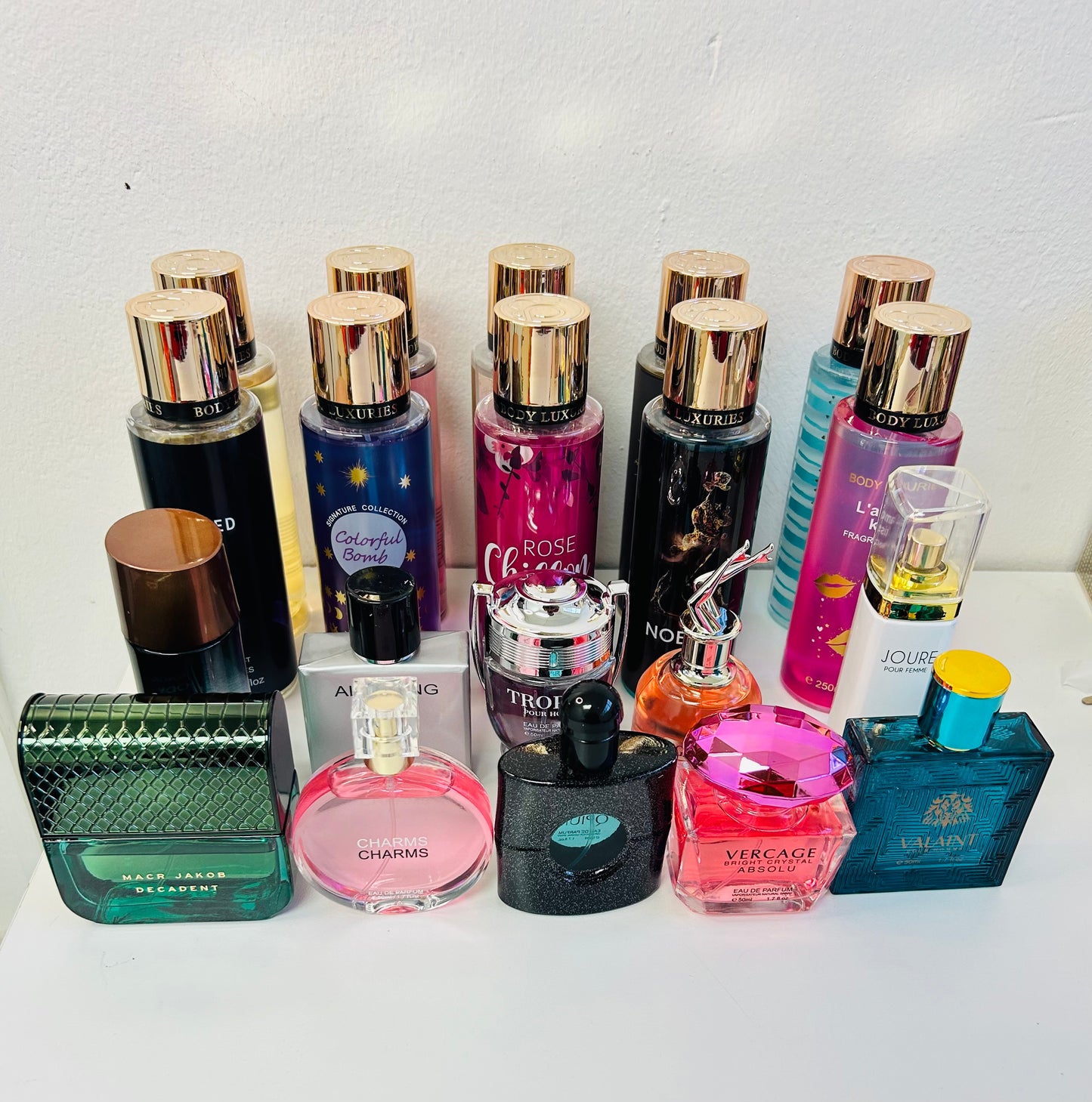 Body mists and perfumes combo(10 body mists 10 perfumes)