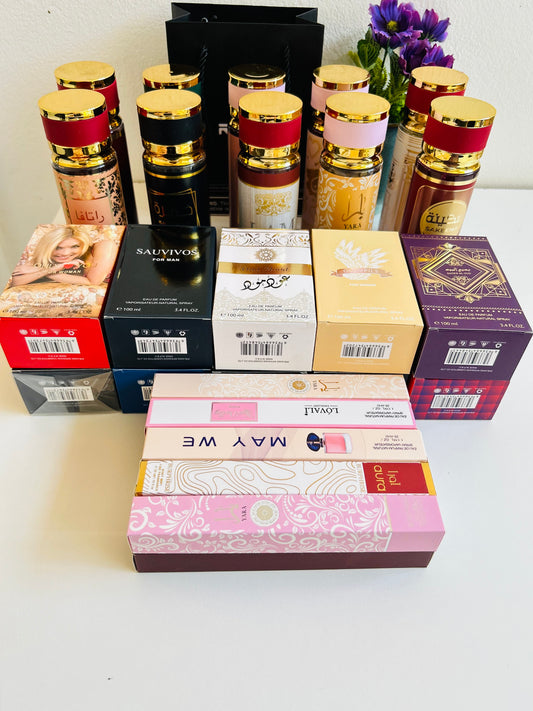 10 Arabic body mists+10perfumes+10 free pocket perfumes
