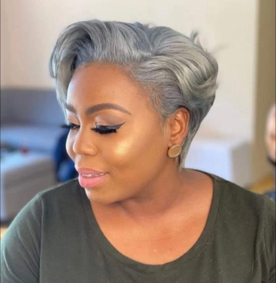 full frontal grey pixie cut