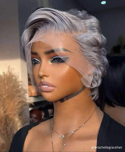 full frontal grey pixie cut