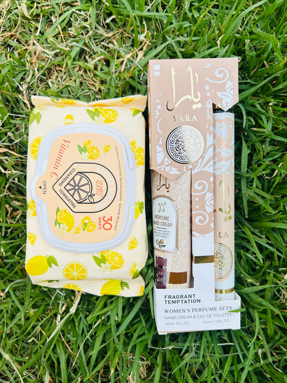 wipe,hand lotion and pocket perfume x10 sets