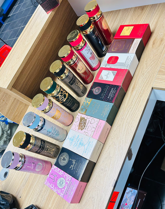 Arabic perfumes combo(10 body mists +10 perfumes) and 10 FREE 35ml pocket perfumes